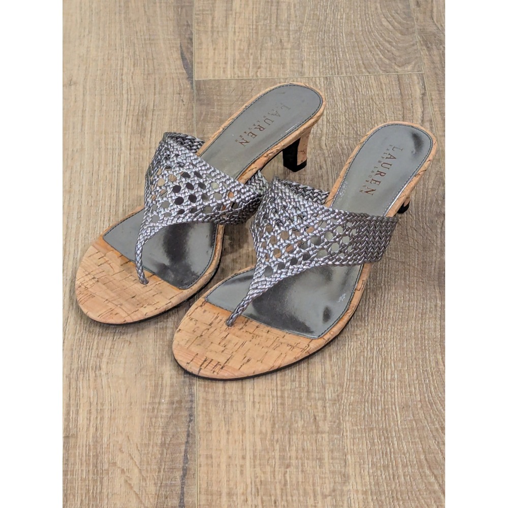 Lauren Ralph Lauren Halena Sandals Womens 8B Metallic Leather Cork Kitten Heel